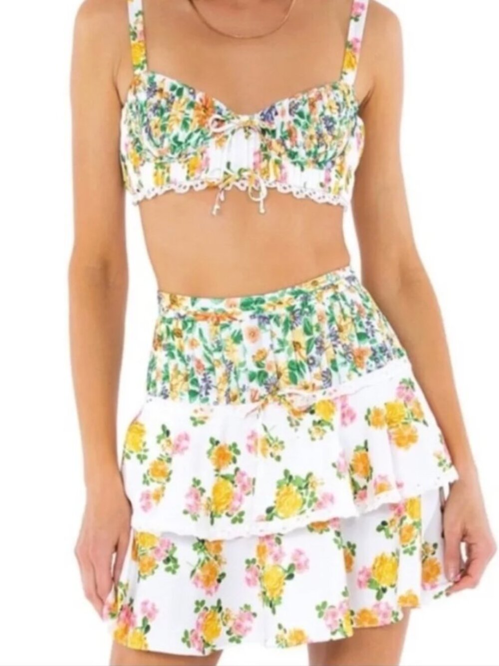 For Love & Lemons Rosalyn Crop Top & Skirt Set Women's - White/Floral - M